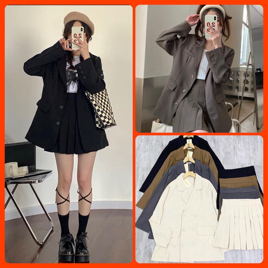 Set áo vest kèm chân váy xếp ly cực xinh / Set bộ áo blazer cộc tay chân váy 209 A2001N Nhung Nhớ