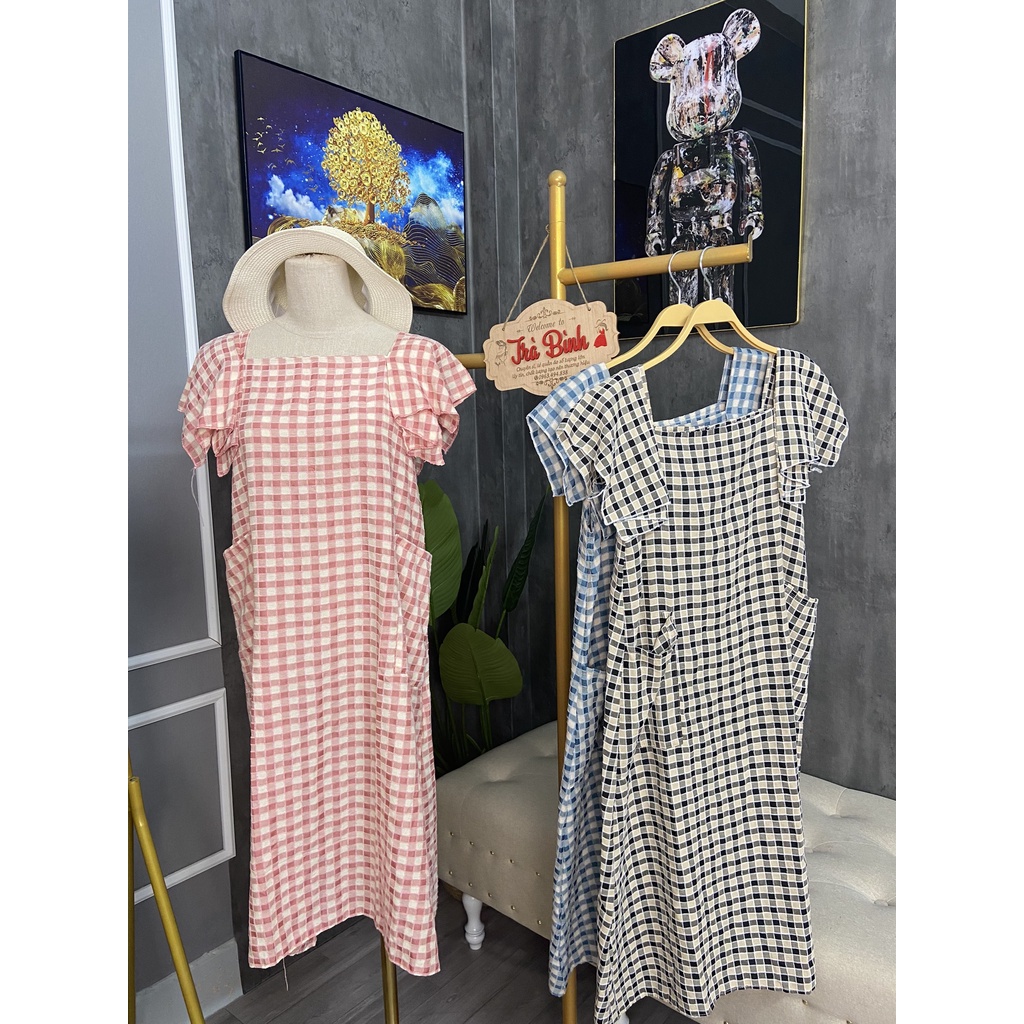 Váy suông cổ vuông tay hến gập họa tiết kẻ caro túi hai bên bên hông, đầm bầu dáng suông tay hến