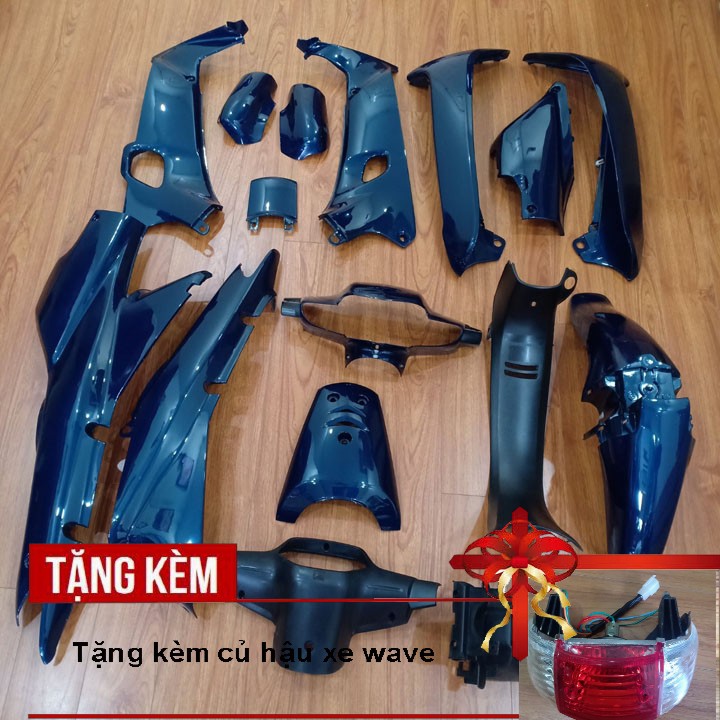 Bộ dàn áo nhựa nguyên sinh ABS xe Wave alpha, Wave Zx, Wave 110 đời 2002 đến 2006 màu Xanh nhớt - Tặng kèm theo củ hậu x