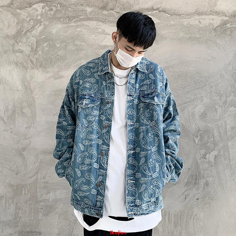 European and American street retro hip-hop tide brand West Coast cashew flower full printed loose men and women denim jacket jacket