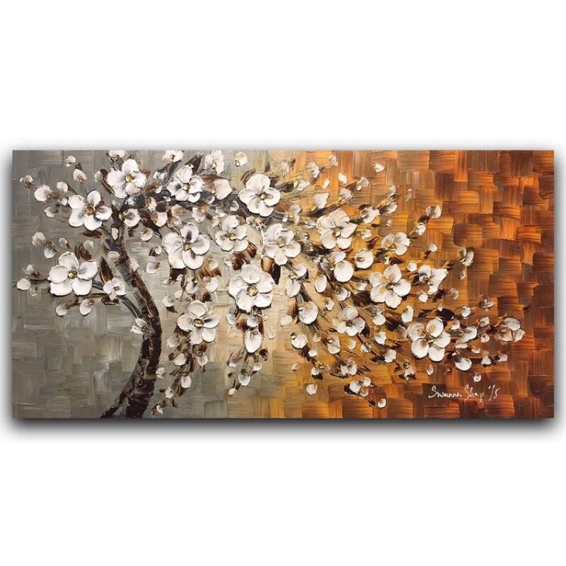 Tranh treo tường sơn dầu vẽ tay mẫu hoa trừu tượng kèm khung và móc treo tranh kích thước 70*140cm.