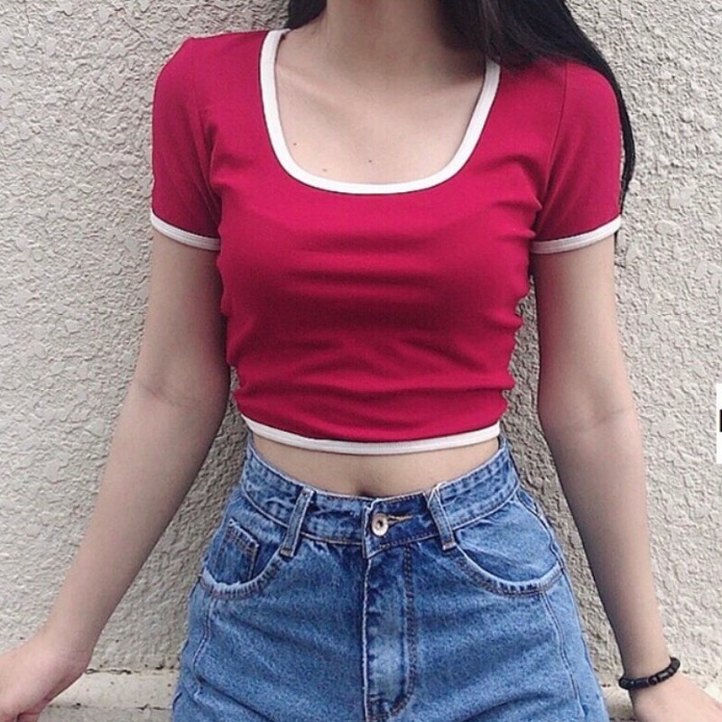 áo croptop cổ vuông nữ tay ngắn ôm body MADELA, Croptop nữ ôm ngắn tay cổ chữ U, thun ôm nữ cổ vuông croptop - ACTN02 | BigBuy360 - bigbuy360.vn