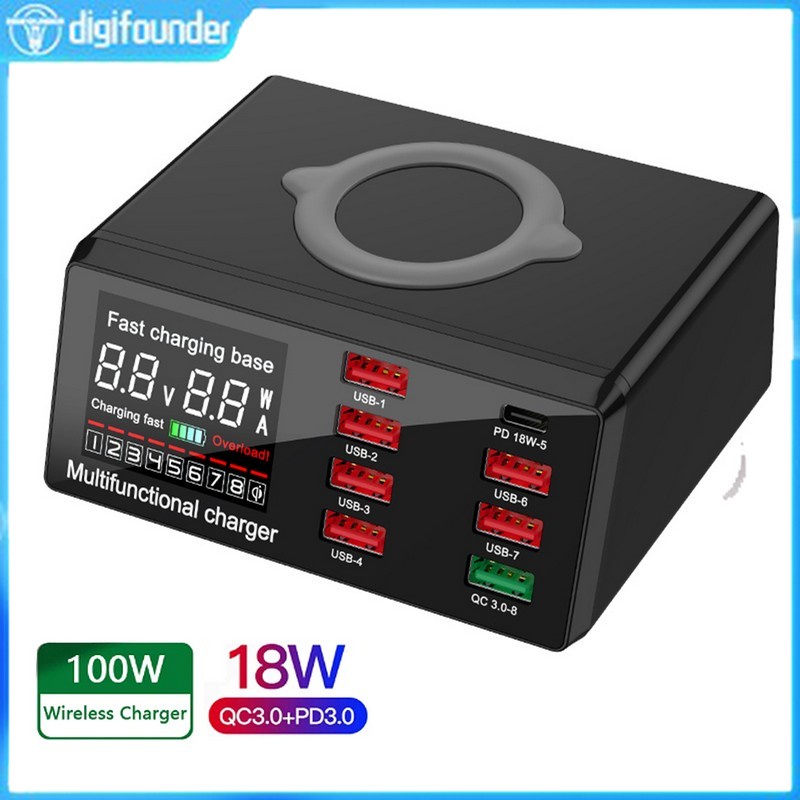 Đế Sạc Nhanh Không Dây Thông Minh DIGIFOUNDER 100W 8 Cổng USB QC3.0 Cho iPhone Samsung Huawei N1V3