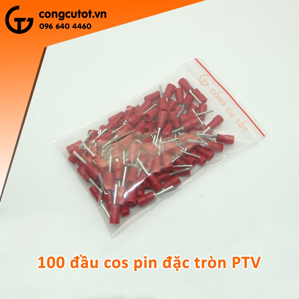 Túi 100 đầu cos pin đặc tròn PTV bọc nhựa