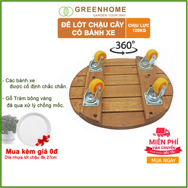 Đế lót chậu cây có bánh xe, hình tròn, màu nâu, bằng gỗ, chịu lực 120kg, R30xC8cm -Tặng 1 dĩa lót Tròn D25cm |Greenhome