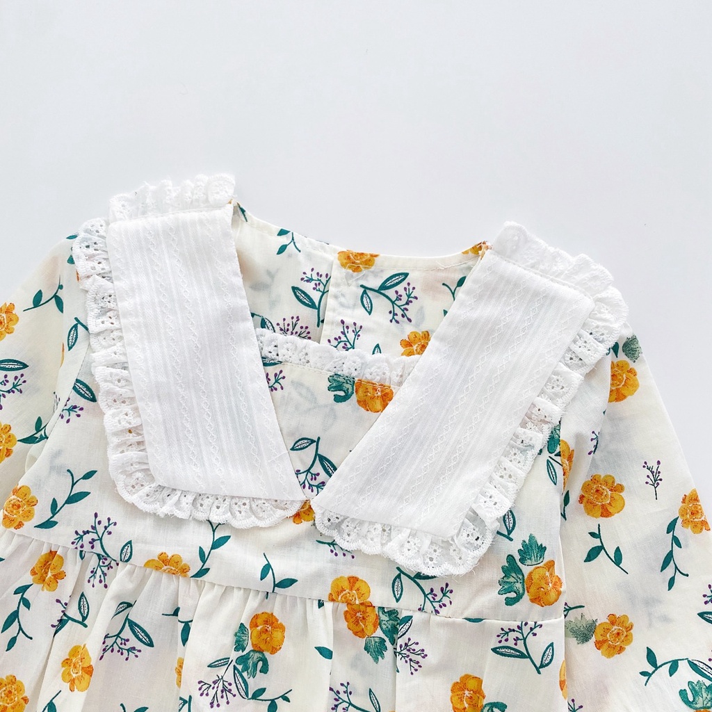 Bộ Áo Liền Quần Tay Dài In Hoa Kèm Mũ Thời Trang Mùa Thu Xinh Xắn Cho Bé Gái