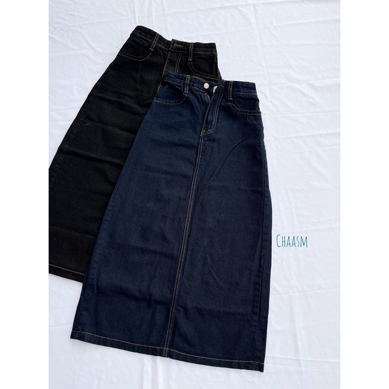 chân váy jean/denim A-line xẻ tà thân sau SẴN
