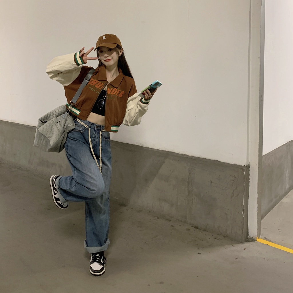 Áo Khoác Lửng Dáng Rộng Màu Sắc retro Phong Cách Mỹ Cho Nữ