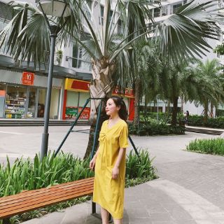 Đầm suông cổ V nhún ngực (có cận vải)