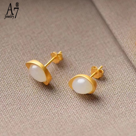 Bông Tai Bạc A7 S925 Đính Đá Ngọc Bích Trắng Nhỏ Xinh