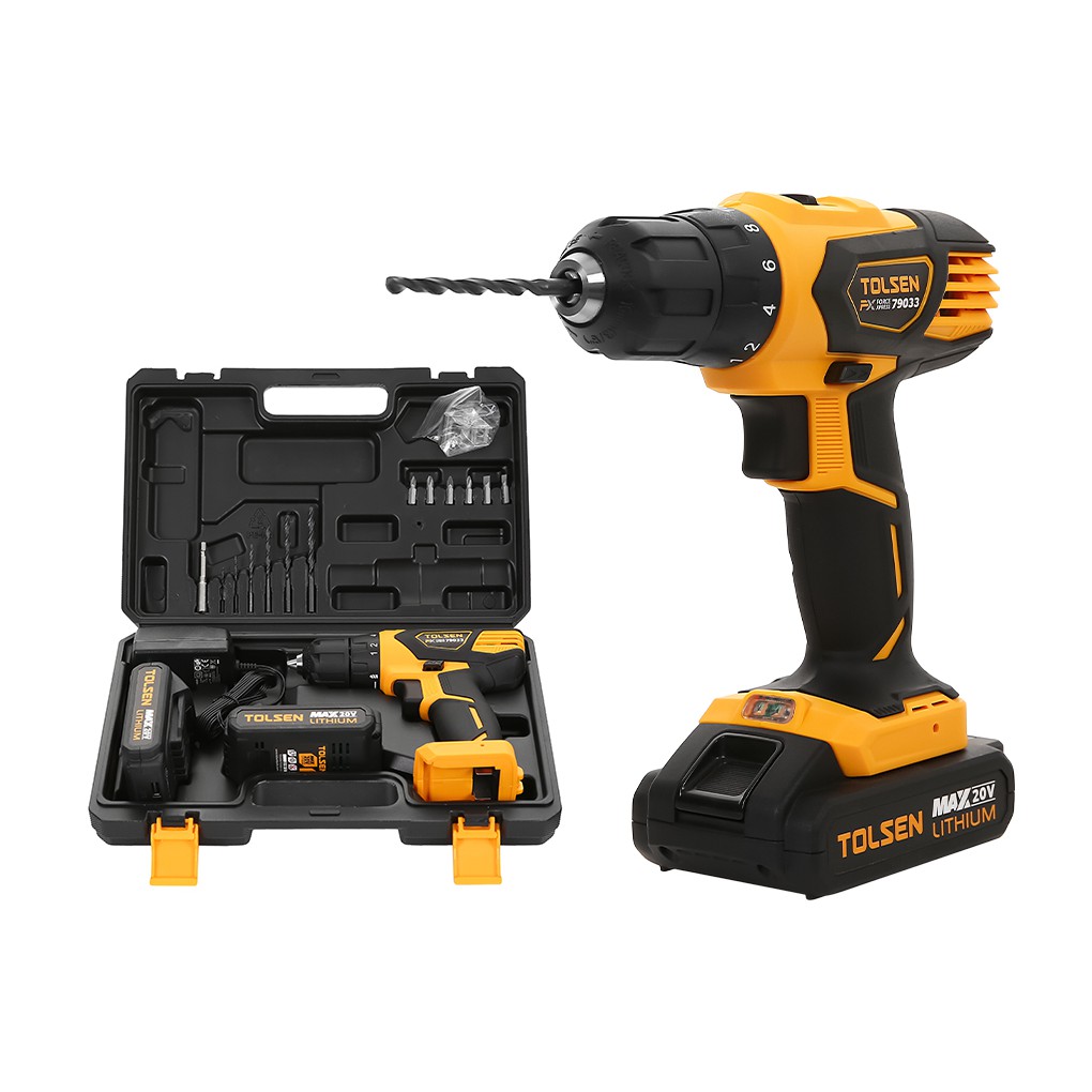 Máy khoan pin 2 tốc độ 10mm 20V (2 PIN) TOLSEN 79033 , Khoan sắt , gỗ, khoan bê tông - Bảo hành 6 tháng