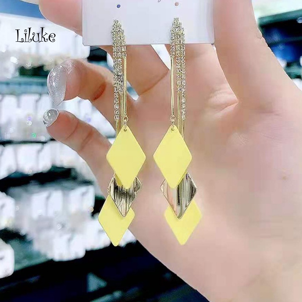 1 Đôi Bông Tai Dáng Dài Hình Thoi Đính Đá Xinh Xắn Thời Trang