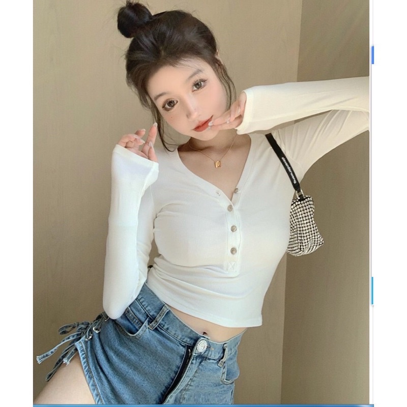 Áo thun nữ tay dài dáng ôm cúc đóng ngực Michi,áo croptop tay dài cổ tim