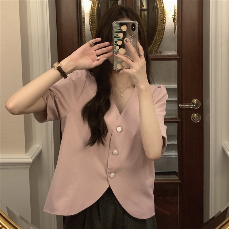Áo Sơ Mi Nữ Cổ Chữ V Tay Ngắn Cài Một Hàng Nút Màu Hồng 53025