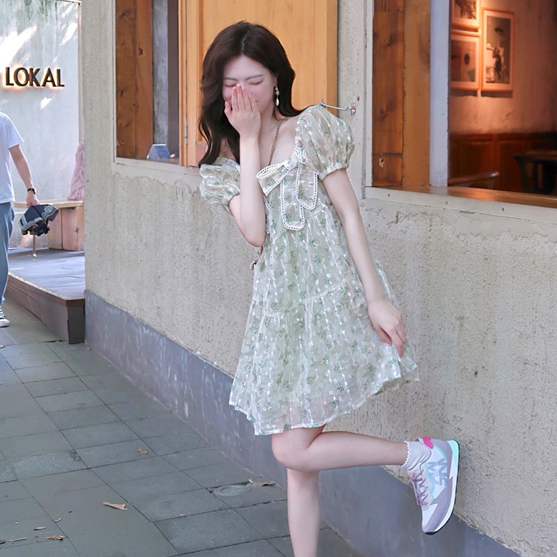 Đầm Tay Phồng Ngắn In Họa Tiết Hoa Phong Cách Pháp Thời Trang Mùa Hè Mới Cho Nữ