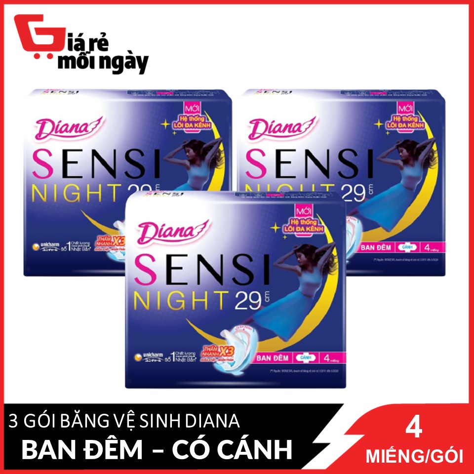 Combo 3 Băng vệ sinh Diana Sensi Night Ban Đêm 29cm 4 miếng/gói