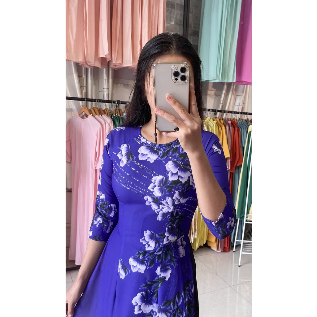Áo dài hoa mai vàng tươi - Áo xanh tím hoa cực sang