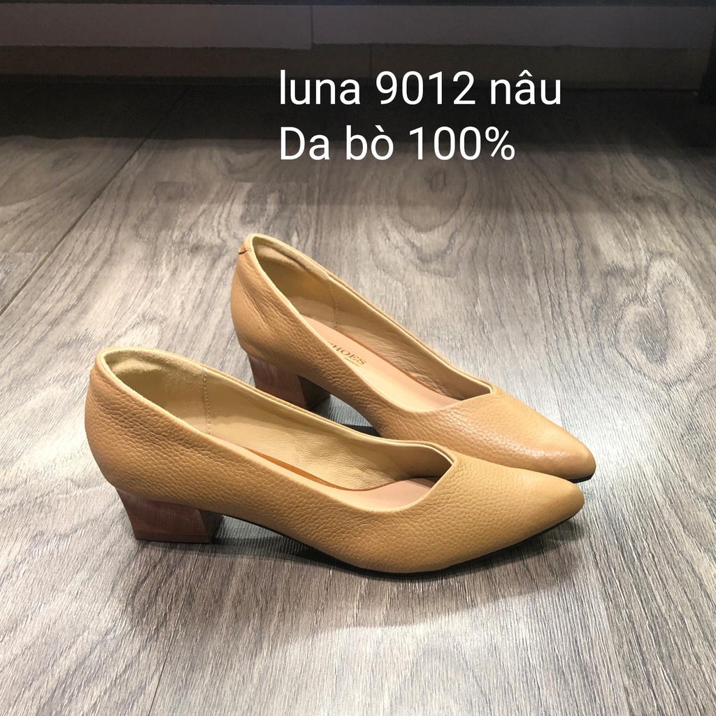 Giày cao gót nữ 3p da bò thật LUNASHOES 9012 giầy cho mẹ mềm êm chân guốc màu đỏ kem đen nâu trắng bảo hành 2 năm