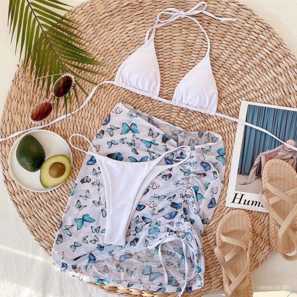 DUNEA Bộ 3 món đồ bơi bikini phối lưới dây rút in họa tiết bướm xinh xắn thời trang cho nữ