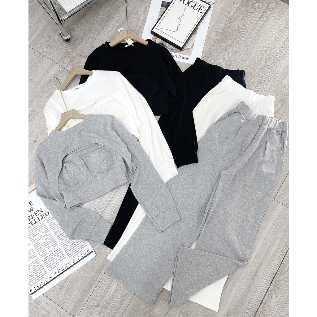 Set len croptop 3 món áo lượn ngực kem bra 2 dây mix quần ống rộng MIVOSA DB236