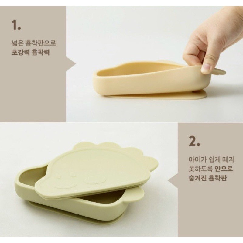 Khay ăn dặm Silicon Khủng long Modui Bluemama có đế hít Kèm nắp đậy chính hãng cho bé ăn dặm