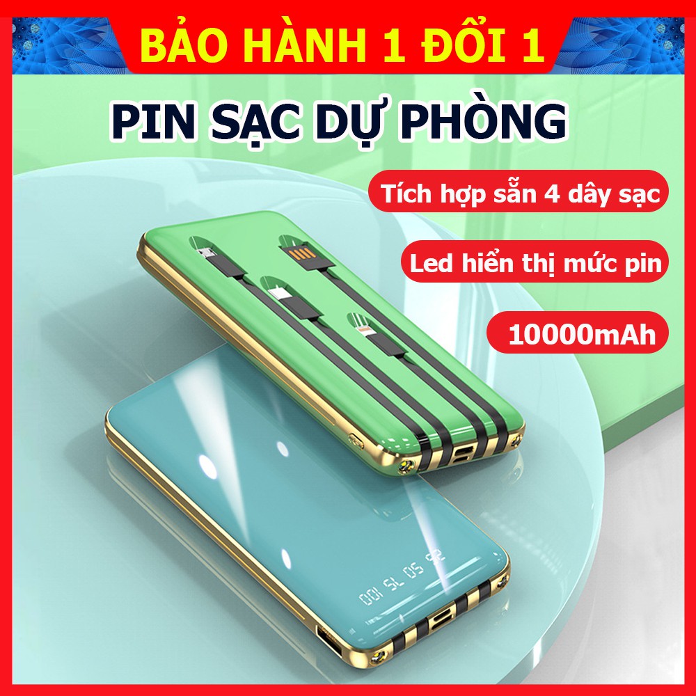 Pin sạc dự phòng 10000 mah, sạc dự phòng đa năng 5 trong 1 tích hợp sẵn dây sạc cho Iphone, Samsung và Typ-c