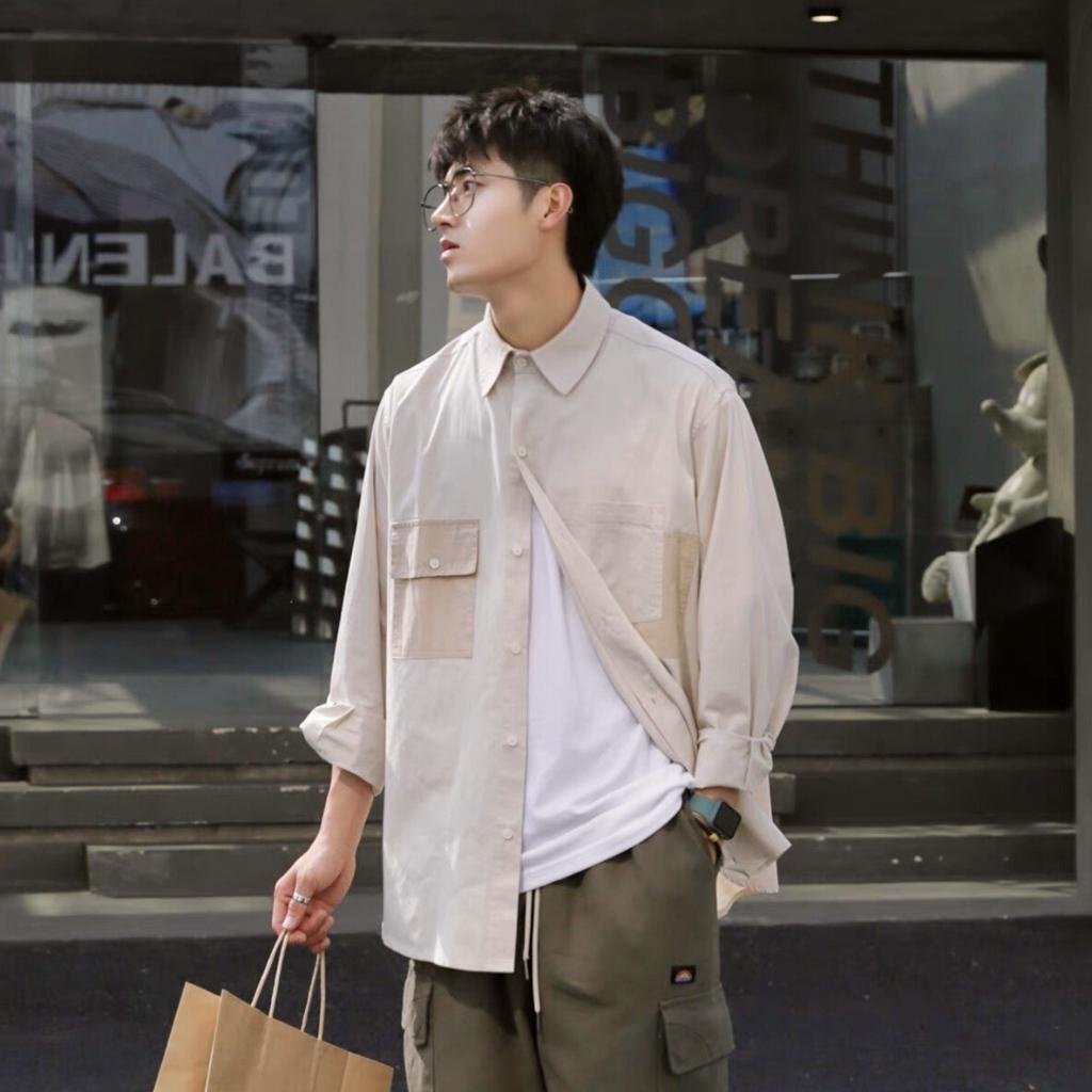 Áo sơ mi nam form rộng dài tay Boiz áo sơ mi nam unisex kaki túi phối 2 màu
