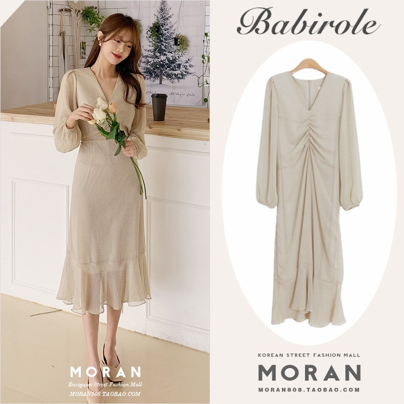 KÈM ẢNH THẬT- (ORDER) Váy MORAN dài tay cổ V voan hoa li ti nhún ngực xòe dài đuôi cá sang trọng thanh lịch Hàn Quốc