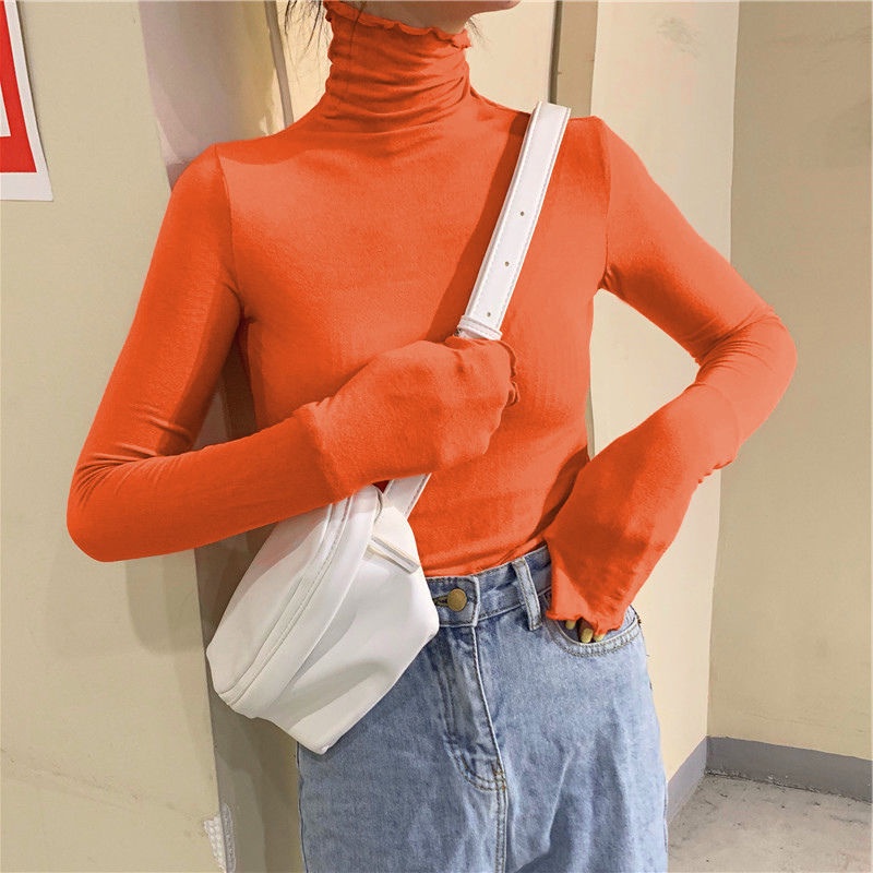 Áo Thun Nữ Tay Dài Cổ Cao Phối Ren Phong Cách Hàn Quốc