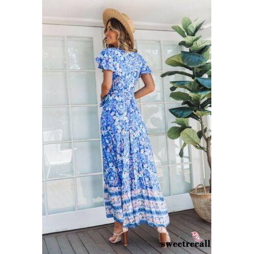 Đầm xẻ tà ngắn tay phối hoa văn Vintage cho nữ | BigBuy360 - bigbuy360.vn