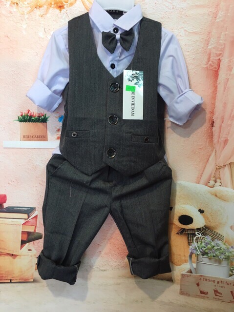 Bộ công tử kẻ comle 4 món cho bé trai 8-23kg