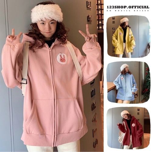 Áo khoác hoodie In Hình Logo Thỏ form rộng, dành cho nữ chất nỉ ngoại Có Dây Kéo Unisex ulzzang 123SHOP