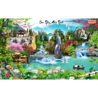 Tranh 3d dán tường in Vải Lụa tranh phong cảnh, sơn thủy hữu tình,thác nước KT 120x80cm