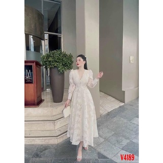 Váy ren trăng hoa nổi cổ V tay bồng dáng xoè bánh bèo, tiểu thư V4189