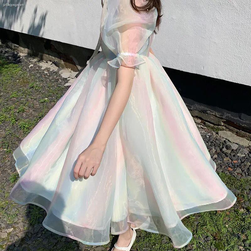 Đầm Xòe Tay Phồng Màu Sắc Cầu Vồng Xinh Xắn Dành Cho Nữ