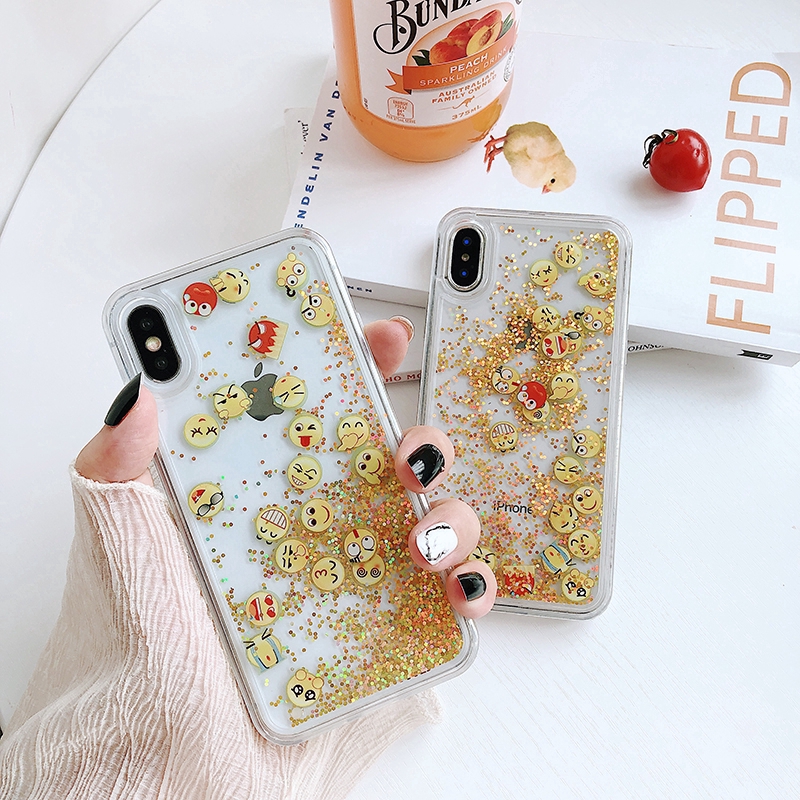 Cute Emoji Liquid Glitter Quicksand Case for iPhone 6 6S 7 8 Plus XS Max XR