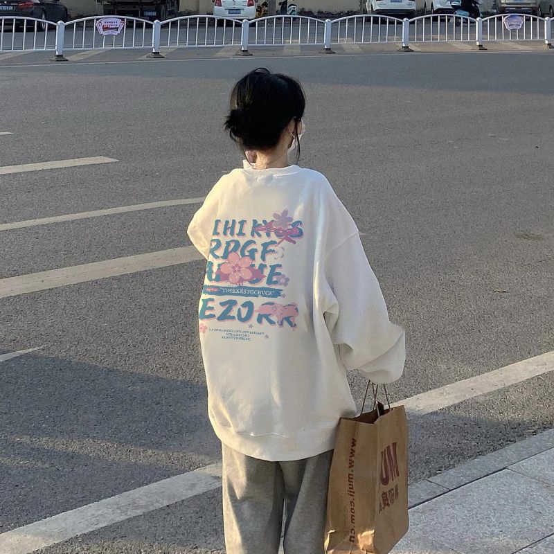Áo sweater SELVZE cổ tròn dáng rộng in họa tiết thời trang đường phố Mỹ cá tính cho nữ