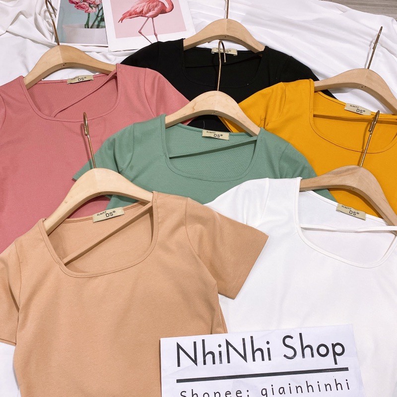 Áo thun cổ vuông ngắn tay dáng ôm, Áo kiểu cổ vuông dây chéo vải cotton co giãn CS1266 - NhiNhiShop | BigBuy360 - bigbuy360.vn