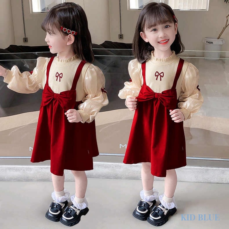 Đầm Công Chúa Giả Hai Lớp Phối Ren Thắt Nơ Xinh Xắn Dành Cho Bé Gái