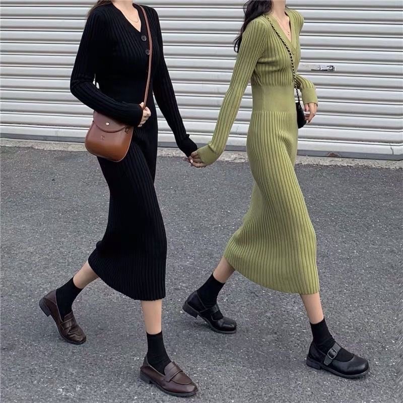 Sẵn - VÁY LEN BODY NỮ DÁNG DÀI CỔ V CAO CẤP - VÁY LEN NỮ DÀI TAY CỔ V GỢI CẢM (CÓ ẢNH THẬT)