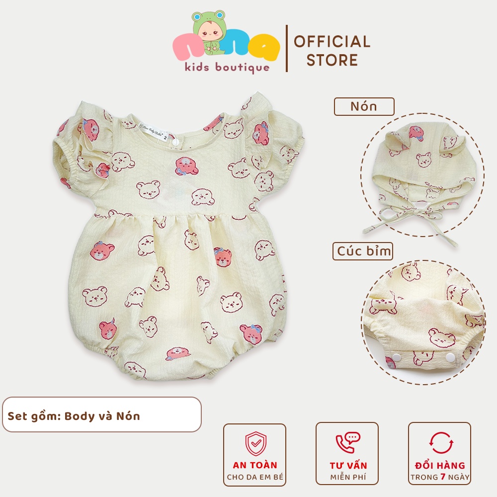 Body cộc tay cho bé gái Nina Kids Boutique Bodysuit sơ sinh họa tiết gấu kèm nón Size 3kg đến 13kg