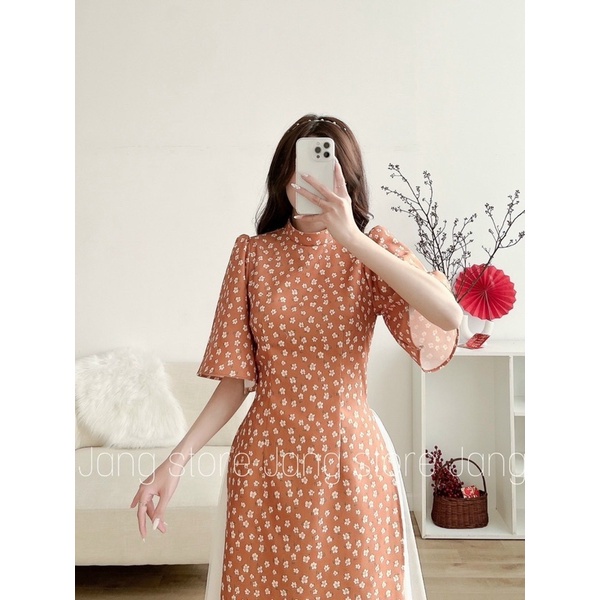 Set áo dài cách tân hoa nhí tay chuông June.Clothing Áo dài Tết kèm chân váy hoặc quần siêu xinh
