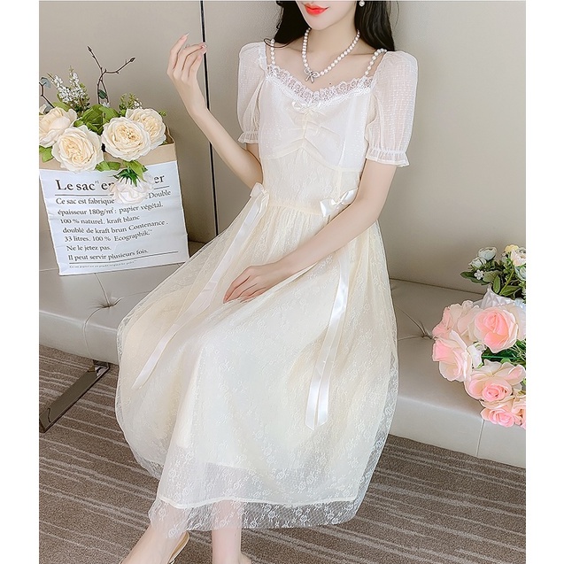 ZHELIHANGFEI Đầm voan tay phồng thanh lịch váy dài lưng thun thanh lịch