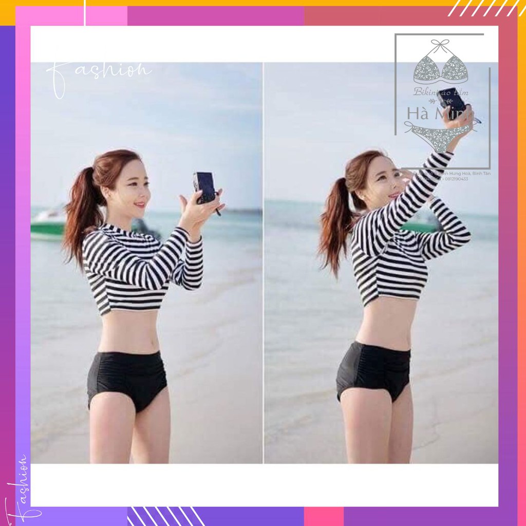 [Xưởng May Bikini Hà Minh] Bikini, Đồ Bơi Đi Biển Hai Mảnh Áo Sọc Tay Dài Quần Đùi KG0740 ODERI