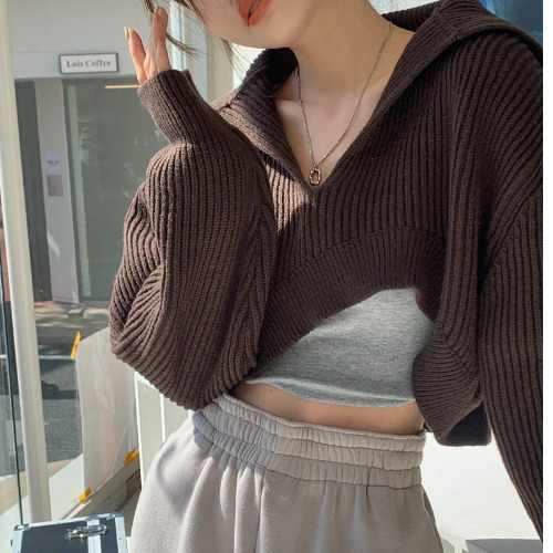 Áo ZHELIHANGFEI dệt kim tay dài cổ polo dáng ngắn thiết kế lệch tà phong cách cá tính dành cho nữ