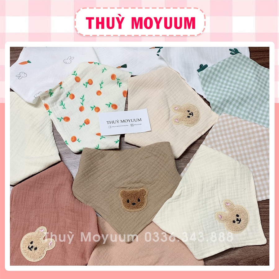 Khăn yếm xô Muslin hoạ tiết Hàn quốc Gấu Brown, khăn cúc bấm cho bé