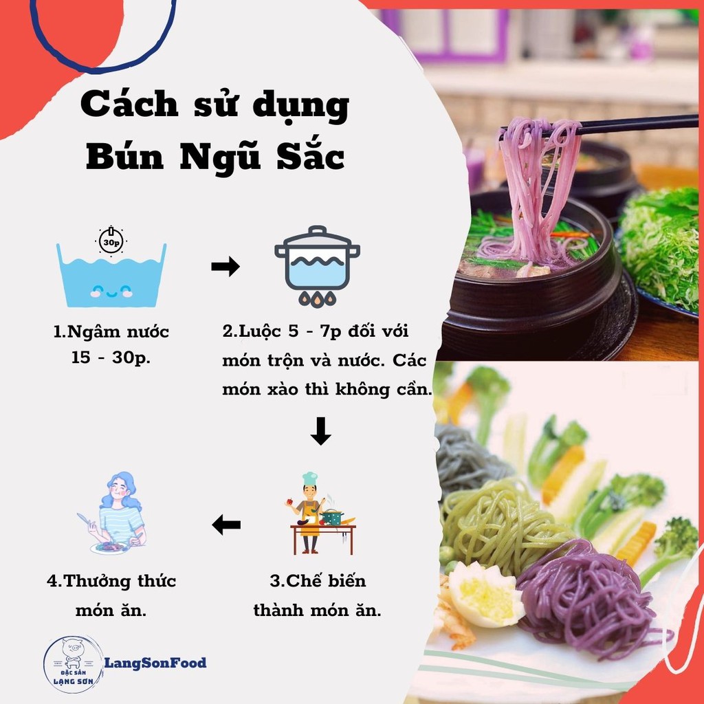 Bún gạo khô ngũ sắc eat clean giảm cân LangSonFood gồm ngô, gấc, đậu biếc, chùm ngây, gạo trắng sạch chuẩn gói 500g