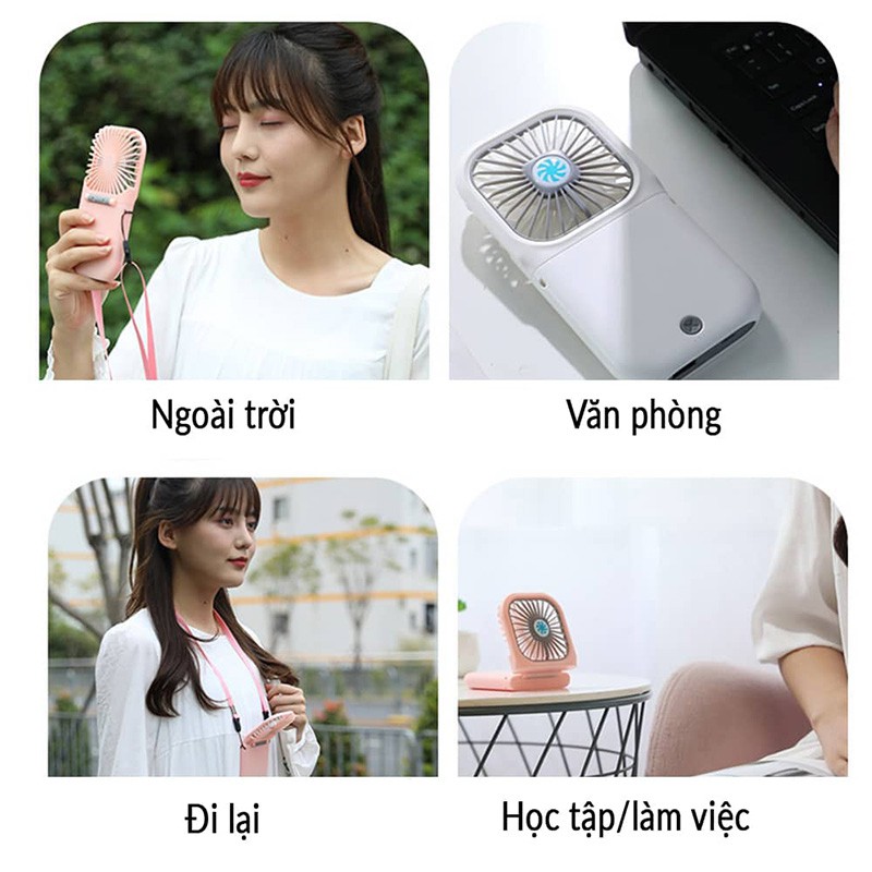 Quạt mini cầm tay kiêm sạc dự phòng 3000mAh, quạt tích điện đeo cổ, để bàn, gió mạnh, mát, êm ái, gấp gọn - Phụ Kiện HB