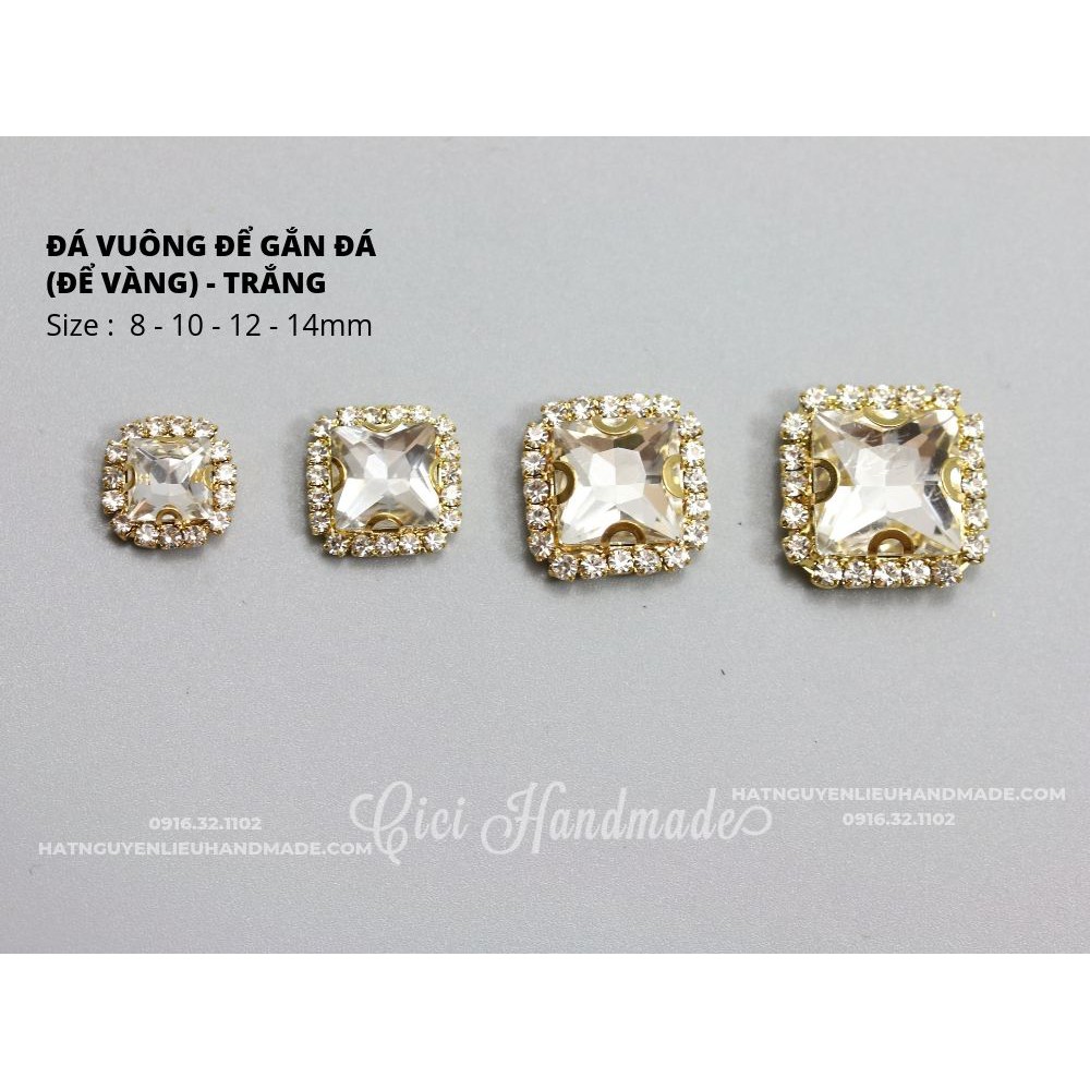 Hạt đá vuông đế vàng/đế bạc viền đá trắng size 14mm Cici Handmade hạt cườm hạt đá trang trí nguyên liệu tự làm