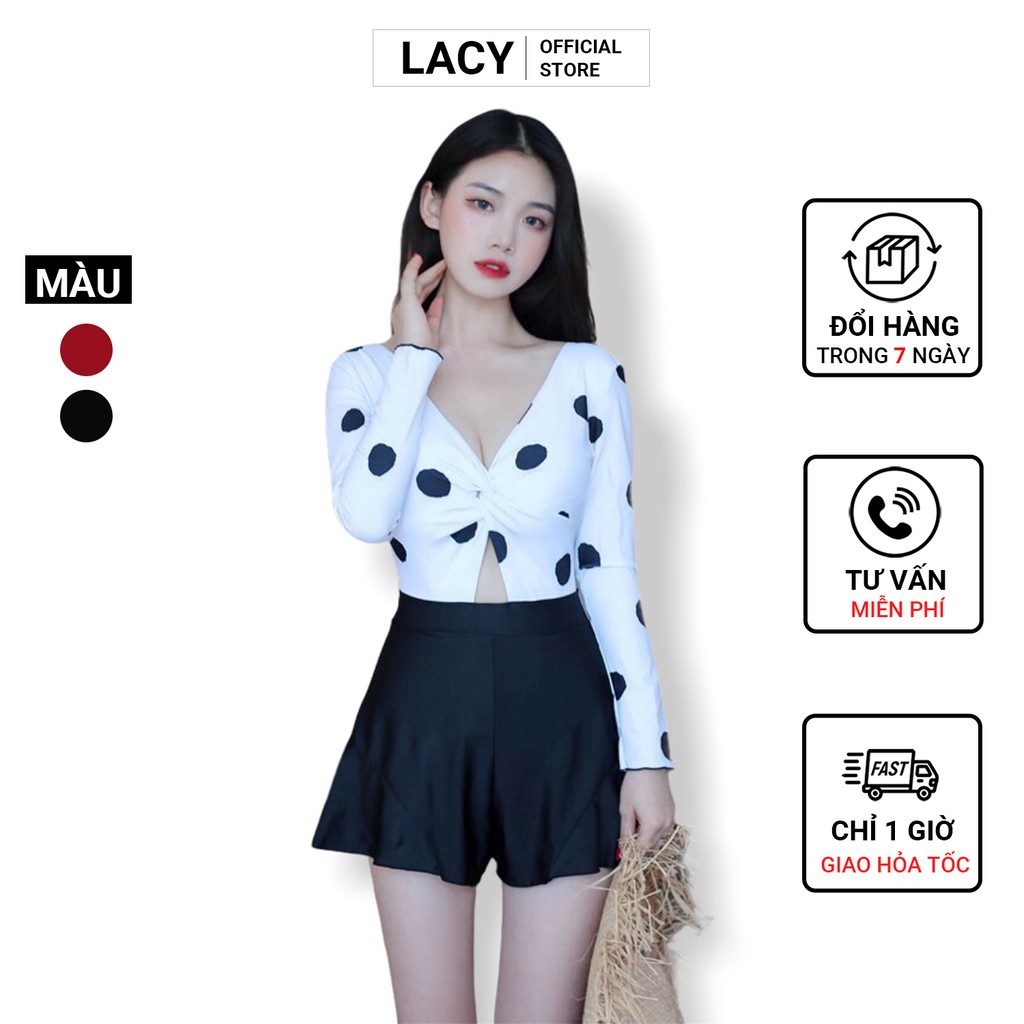 Đồ Bơi Nữ Áo Tắm Dài Tay Chấm Bi Chống Nắng Quần Váy Xòe Xếp Ly Nữ Tính Mùa Hè B131 LACY